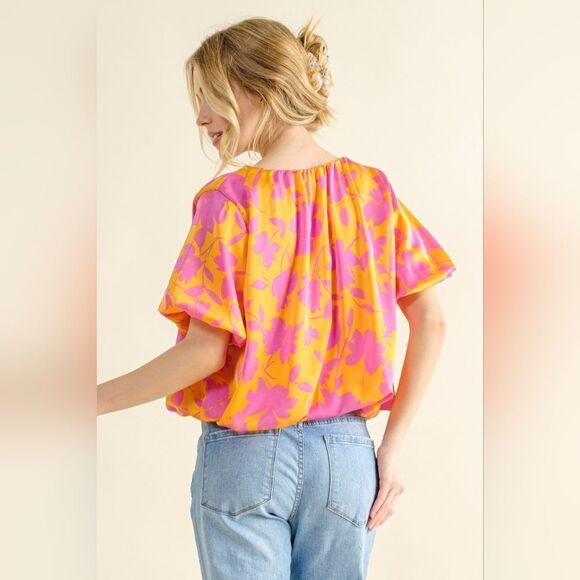 Full Size Printed Satin Bubble Hem Top - Picture 2 of 4